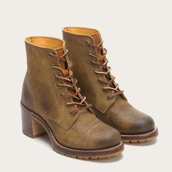 Frye Sabrina 6G Tan Suede/Leather Retro Lace Up Classic Combat Moto Ankle Boots - Picture 8 of 16